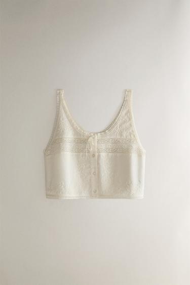 Zara LACE COTTON TOP - Ecru