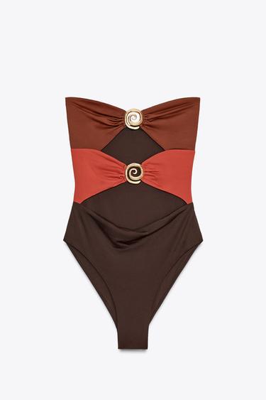 Zara SPIRAL PIECE BANDEAU SWIMSUIT - Brown