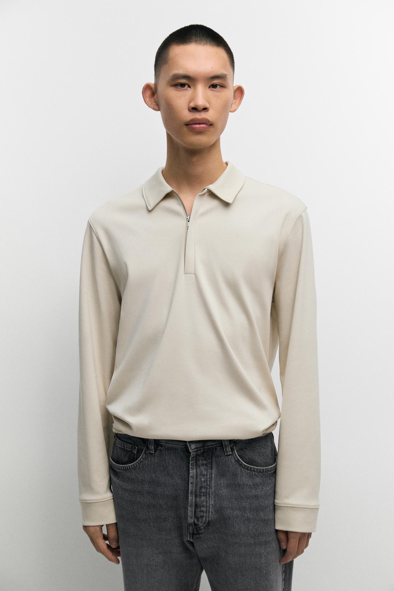 Long sleeve zip detail polo — Ice