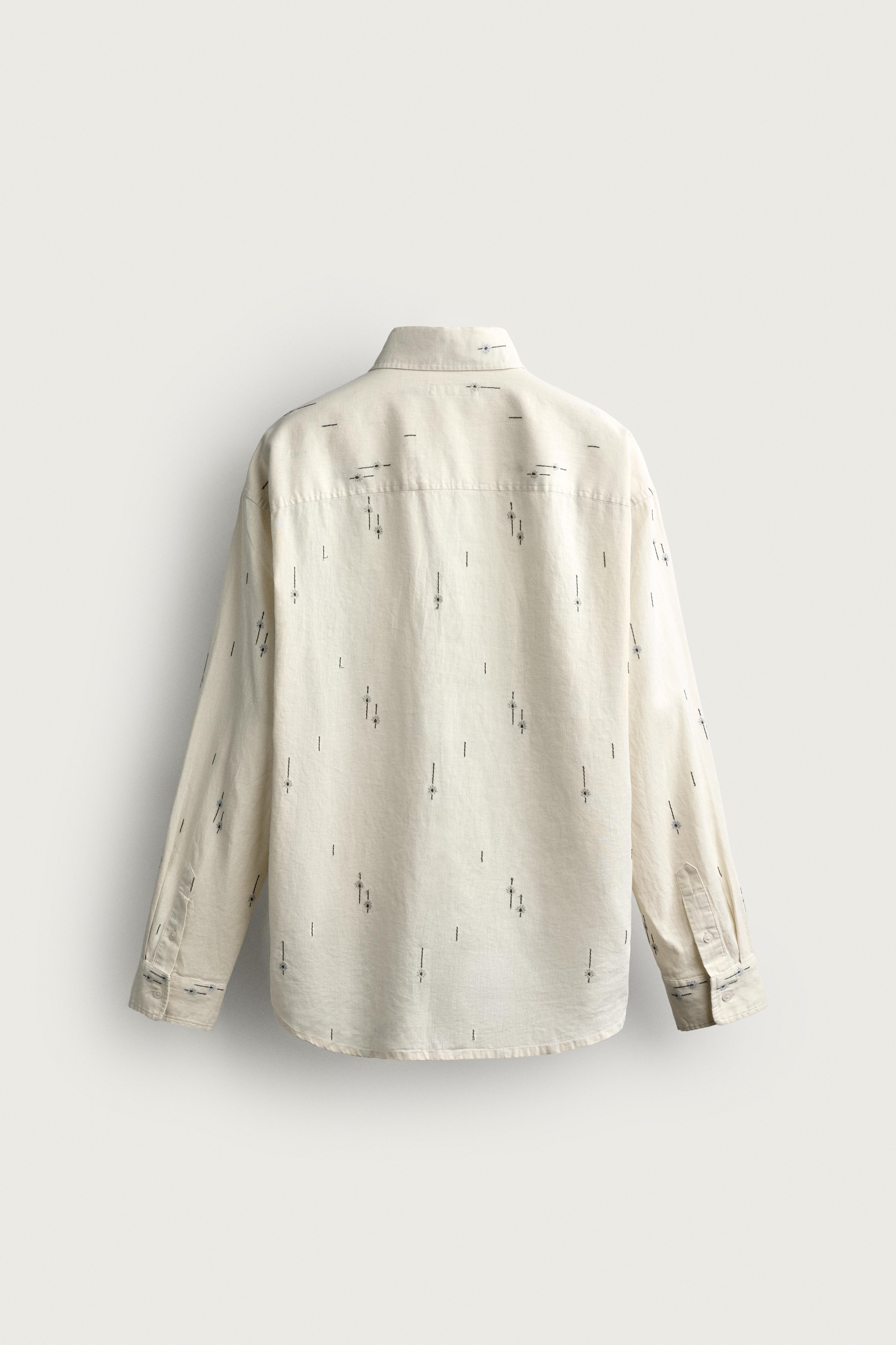 Zara NAKIŞLI PAMUKLU KETEN RELAXED FIT GÖMLEK görsel 8