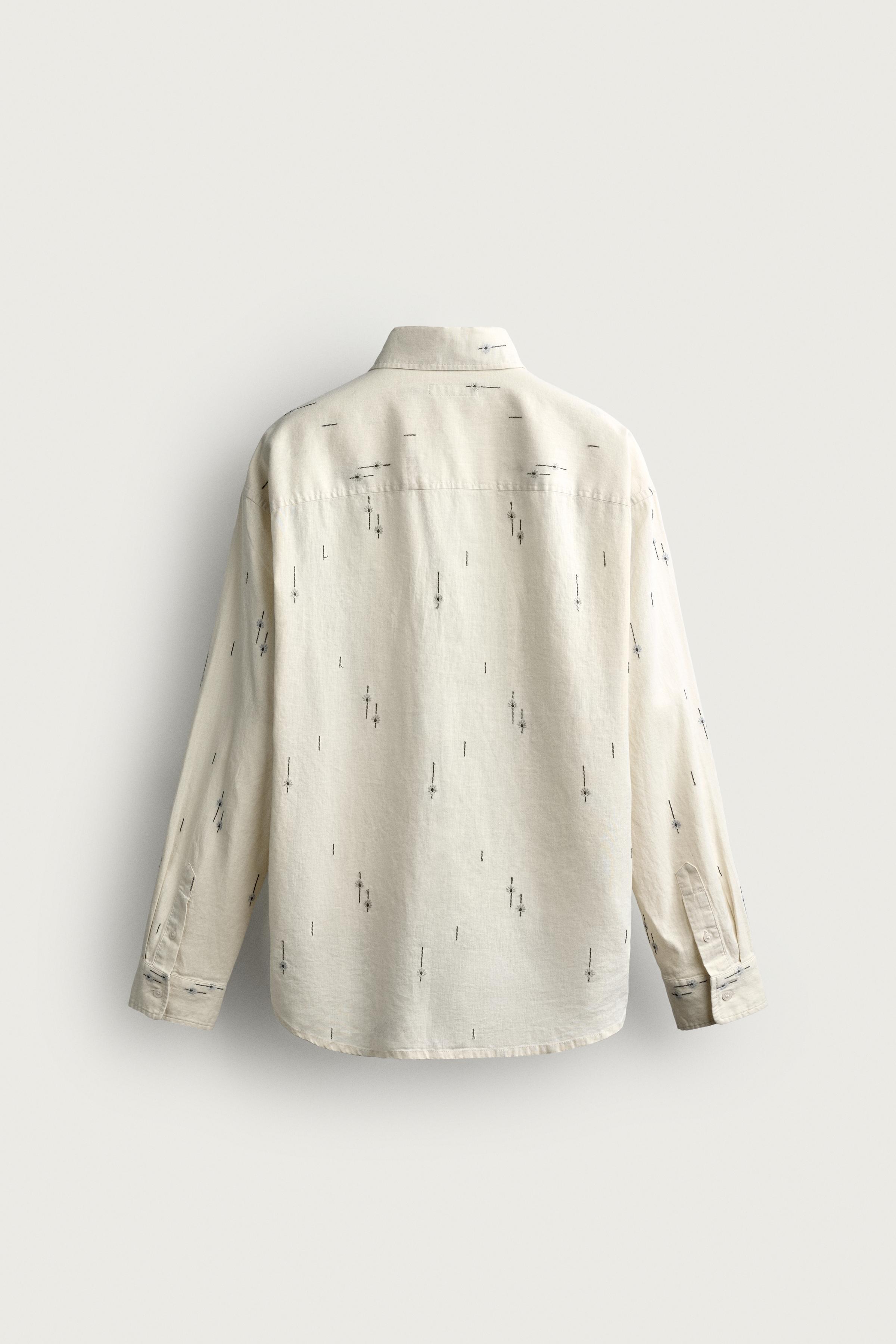 Мужские рубашки Zara EMBROIDERED COTTON-LINEN RELAXED FIT SHIRT — фото 8