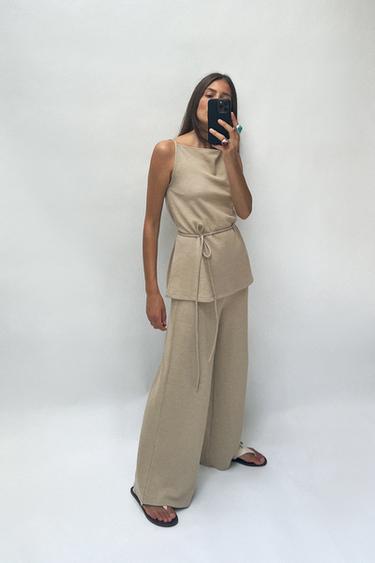PANTALÓN ANCHO SOFT PIQUÉ - Beige claro de Zara - Imagen 0