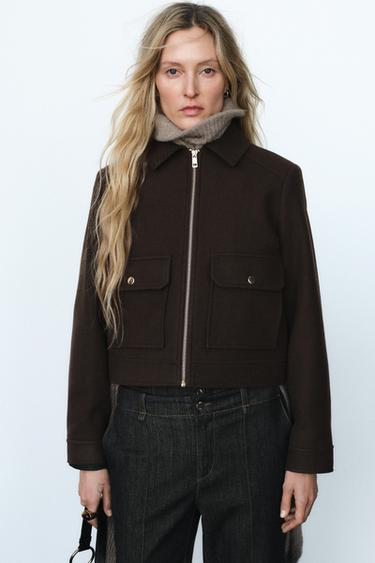 Zara SOFT ZIPPERED JACKET - Brown