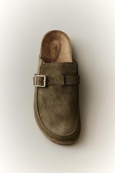 SABOT CUIR BOUCLE - Vert kaki de Zara