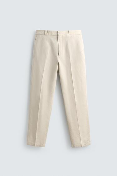 COTTON/LINEN STRAIGHT-LEG CHINO TROUSERS - Sand by Zara