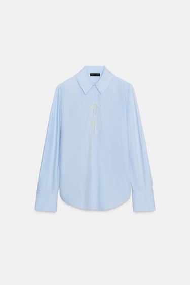 CAMICIA CON FIOCCO E PERLE - Blu chiaro di Zara - Immagine 0