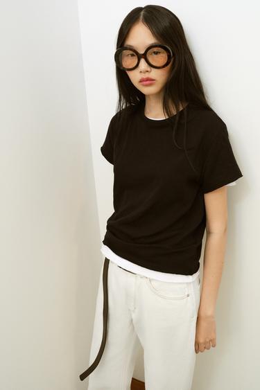 Zara COTTON SHORT SLEEVE T-SHIRT - Charcoal