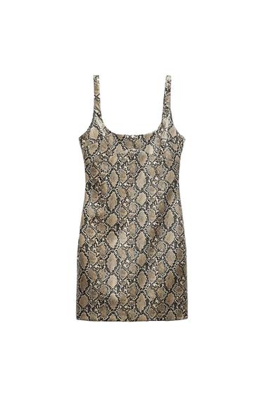 Short sleeveless dress with a brown and black snake print, a round neckline, on a white background.