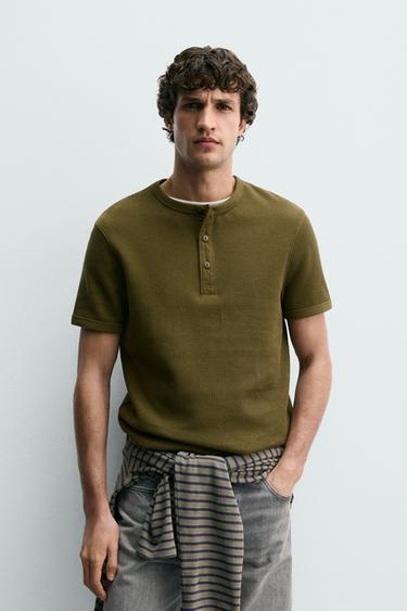 Zaras STRUKTURT-SHIRT MED KRAGE MED KNAPPAR - Khaki