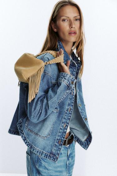 BOLSOS PIEL SERRAJE MINI BANDOLERA CON FLECOS - ARENA/MARRÓN de Zara