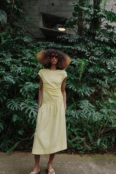 Zara ASYMMETRIC RUCHED DRESS - Yellow
