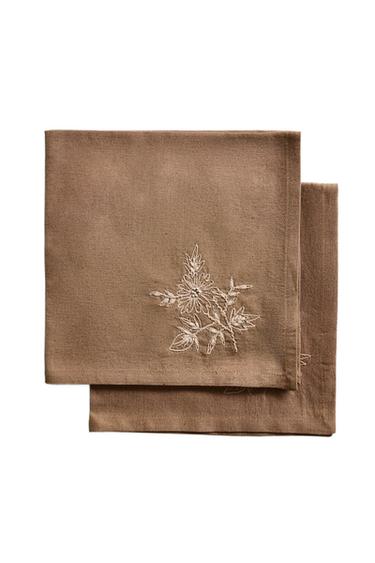Zara SET OF EMBROIDERED FLOWER NAPKINS (SET OF 2) - Brown