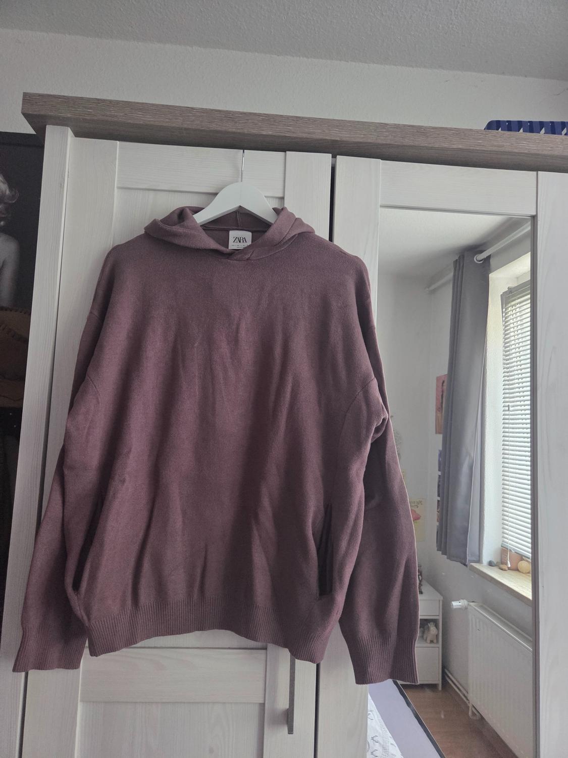 Mauve hooded sweatshirt hanging on a hanger in a white wardrobe. ZARA can be read on the label. The mirror reflects a room.