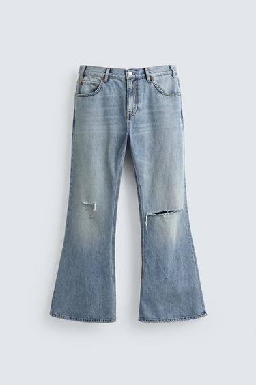 Zara RIPPED FLARE FIT JEANS - Light blue