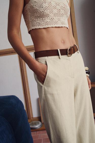 PANTALON JUPE-CULOTTE EN LIN AVEC CEINTURE - Beige clair de Zara - Image 1