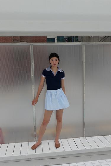 RIBBED T-SHIRT WITH PETER PAN COLLAR - Navy blue by Zara