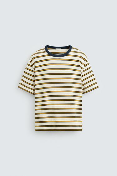 Zara STRIPED JACQUARD T-SHIRT - Ecru/Yellow