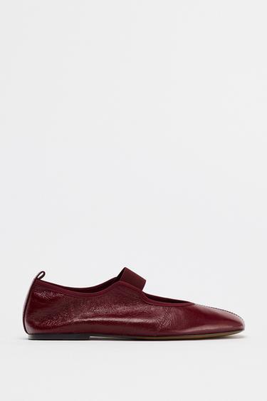 ELASTIC LEATHER BALLERINAS - Burgundy Red by Zara