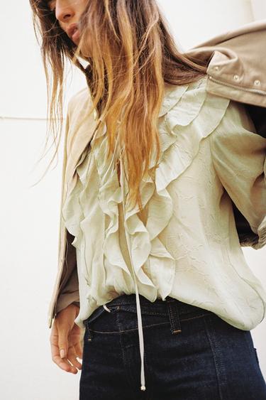 SEMI-SHEER BLOUSE WITH RUFFLE TRIMS - Sea green by Zara - Image 1