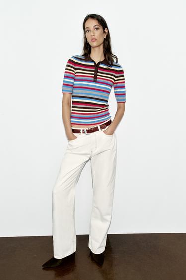 Zara STRIPED KNIT POLO JUMPER - Multicolored