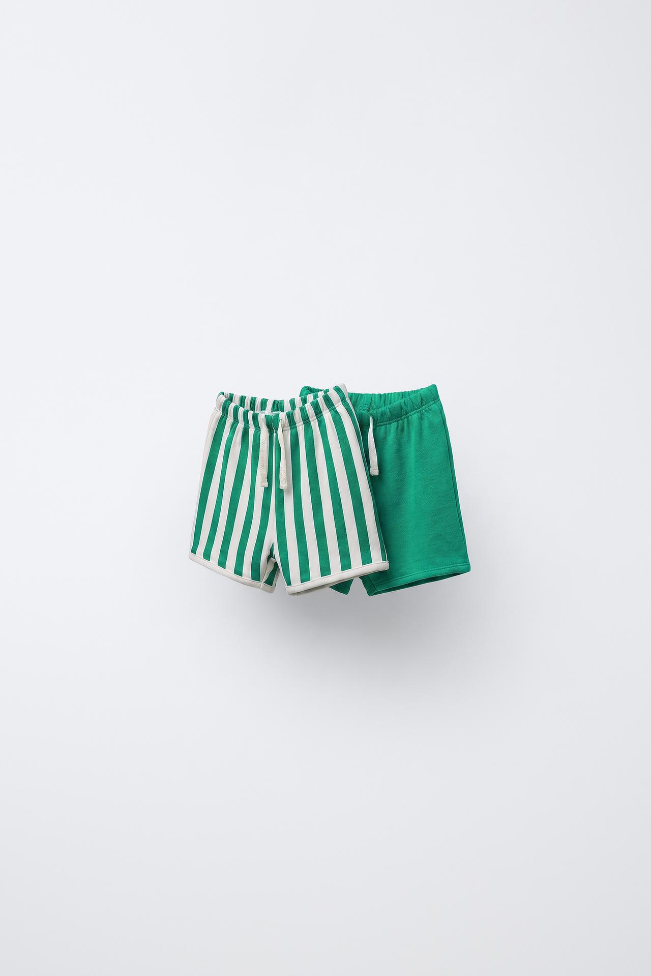 TWO-PACK OF PLAIN AND STRIPED SHORTS — Green / Ecru