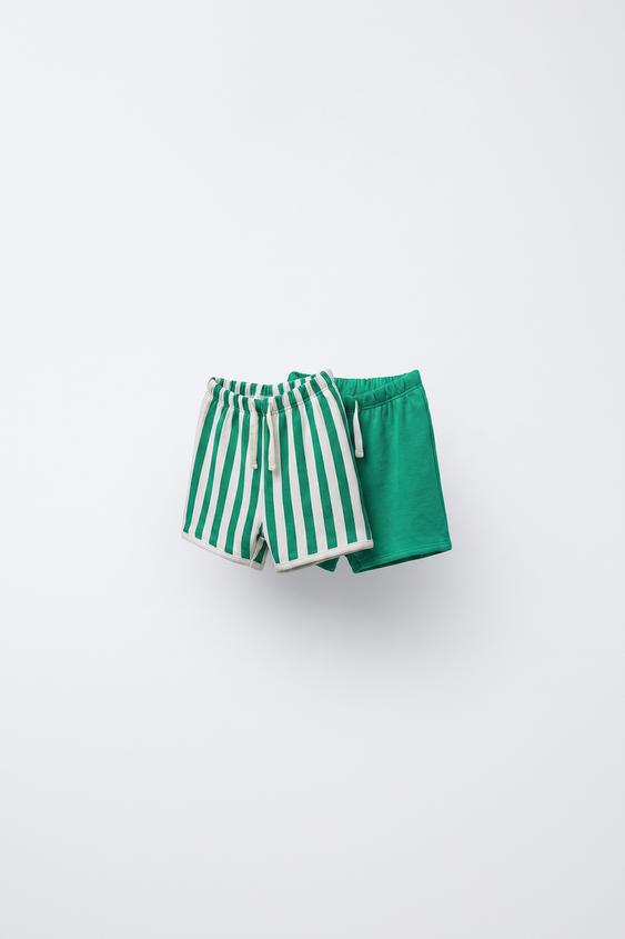 PLAIN AND STRIPE PRINT BERMUDA SHORTS PACK - Green / Ecru by Zara - Image 0