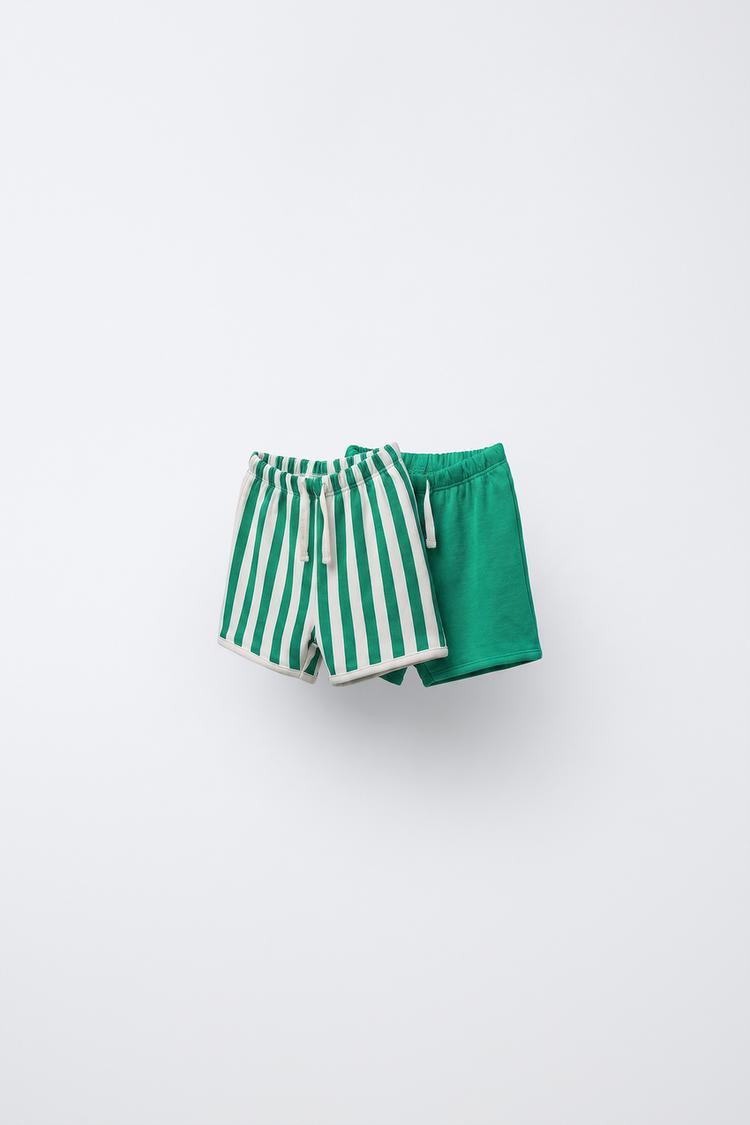 TWO-PACK OF PLAIN AND STRIPED SHORTS — Green / Ecru