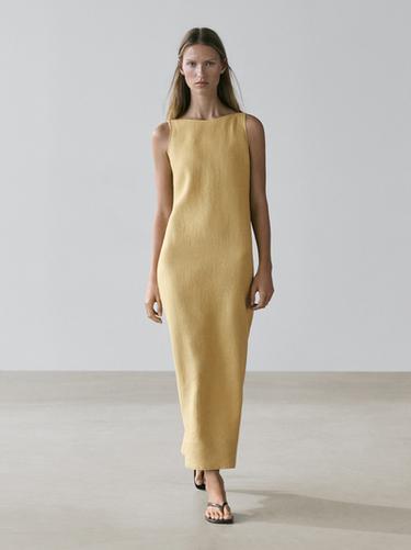 Robe midi en lin à encolure américaine - Citron vert de Zara - Image 0