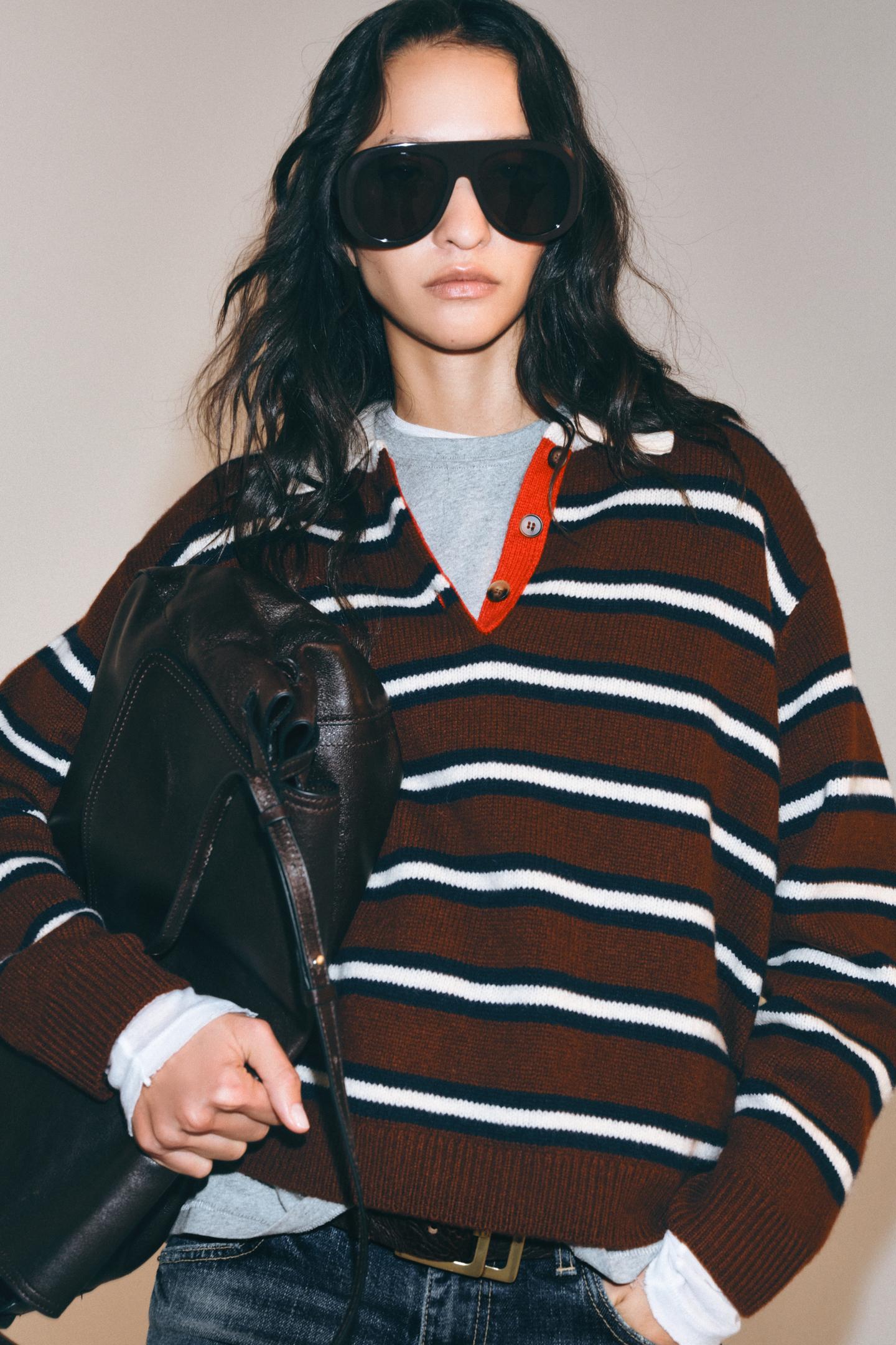 Женское поло Zara 100% Wool Striped Polo, цвет: Коричневый / Экрю — фото 2