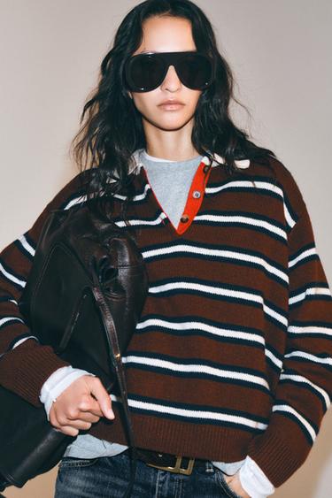 100% WOOL STRIPED POLO — Brown / Ecru 1