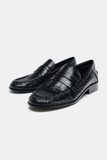 Zara EMBOSSED PENNY LOAFERS - Black