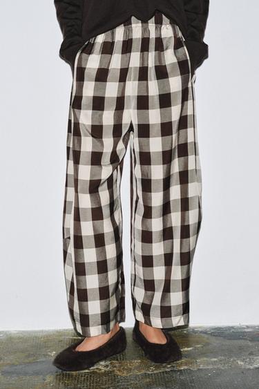 Zara ZW COLLECTION GINGHAM PLAID PANTS - Brown / Ecru