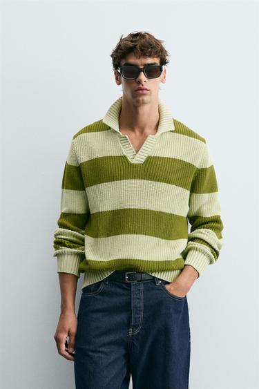 Zara COMBINED STRIPED KNIT POLO SHIRT - Green stripe