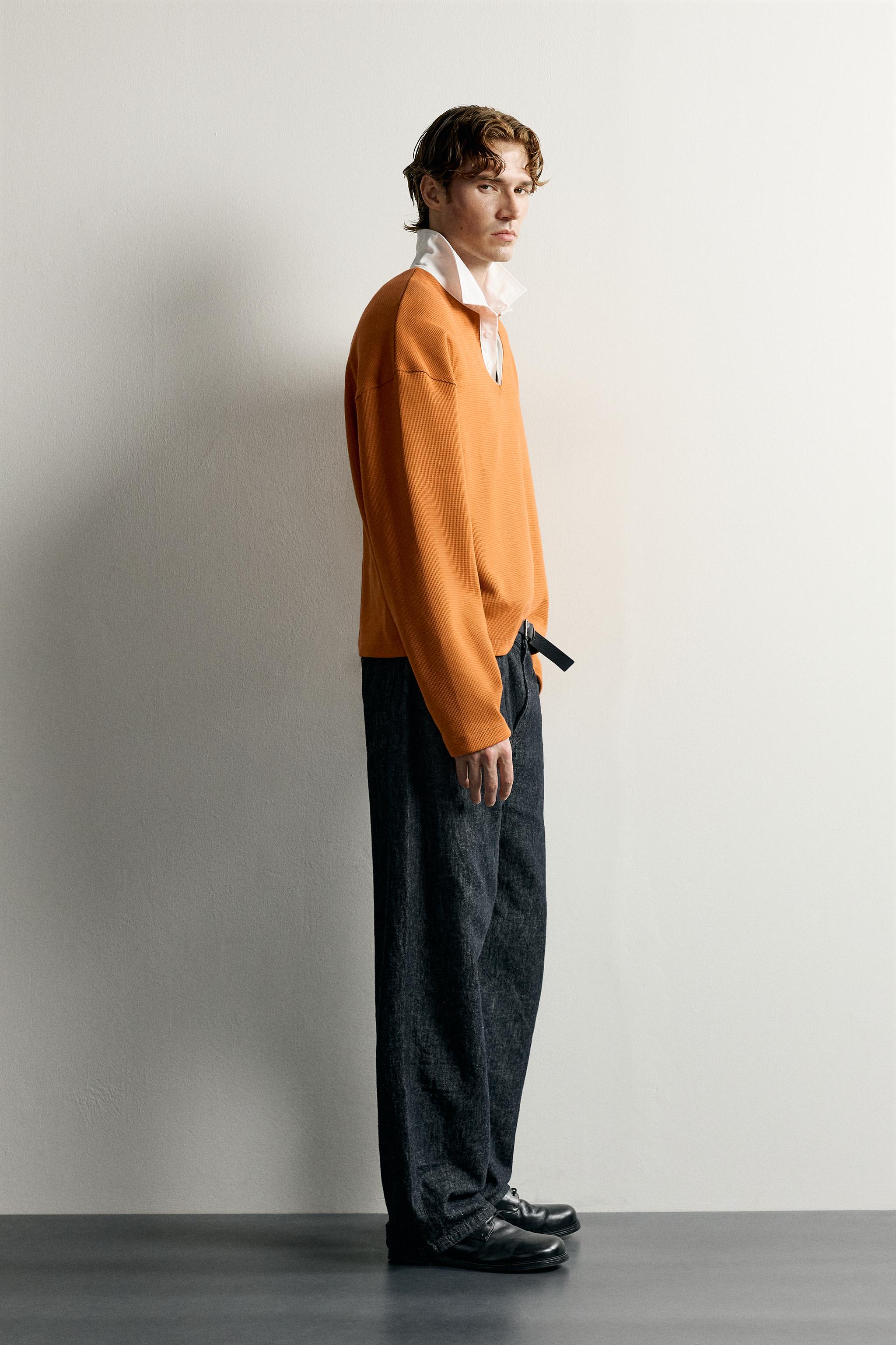 Zara KONTRAST GOFRE KUMAŞ POLO T-SHIRT görsel 4