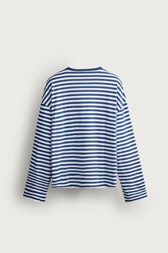 T-SHIRT RELAXED FIT À RAYURES ET MANCHES LONGUES - Bleu / Blanc de Zara - Image 8