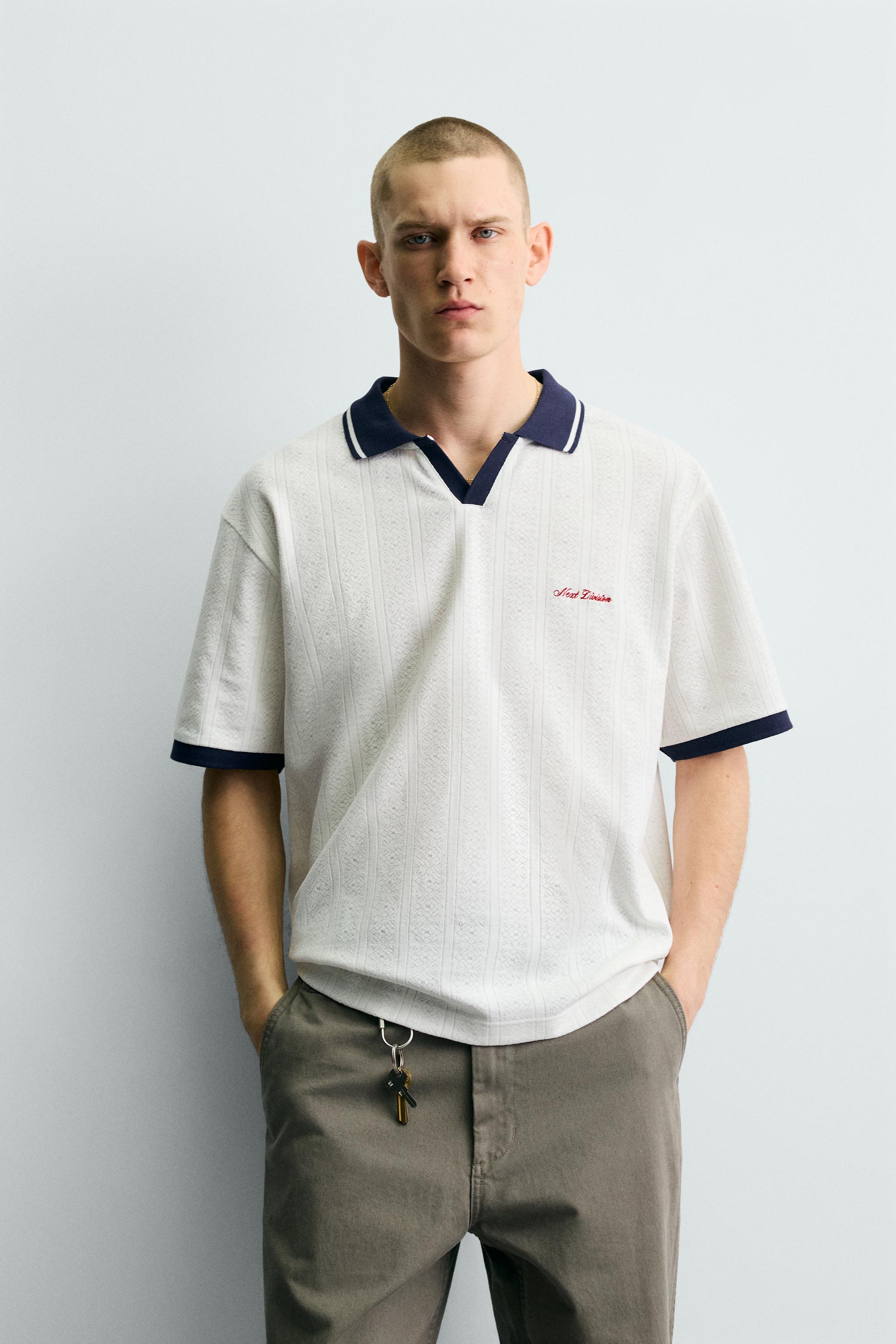 EMBROIDERED VERTICAL JACQUARD POLO SHIRT - Ecru / Blue | ZARA