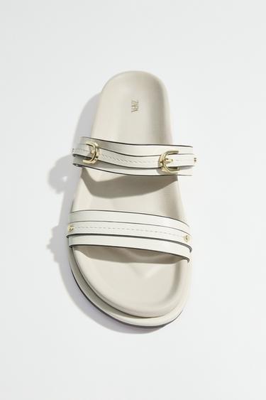FLAT SANDALS WITH BUCKLE - Ecru White by Zara