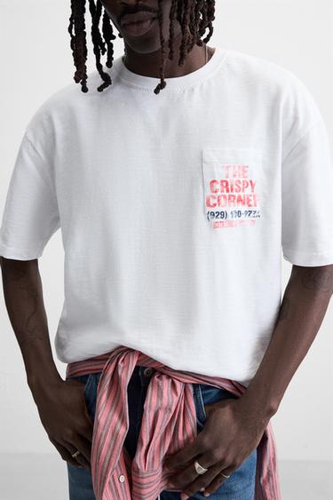 PRINTED T-SHIRT WITH POCKET - Oyster-white by Zara - Image 4