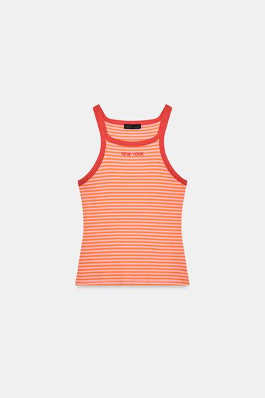 TOP À RAYURES AVEC LISERÉS ET INSCRIPTION - Écru / Rouge de Zara - Image 4