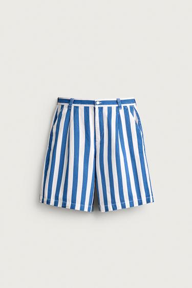 STRIPED WIDE-LEG BERMUDA SHORTS - Blue by Zara