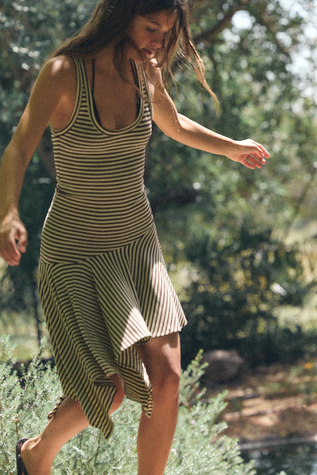STRIPED ASYMMETRIC MIDI DRESS