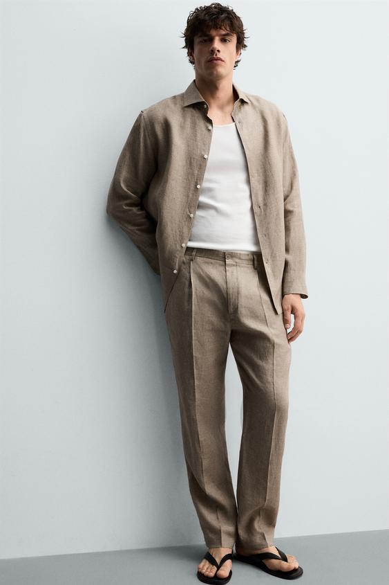PANTALON REGULAR FIT 100 % LIN - Sable / Chiné de Zara - Image 4