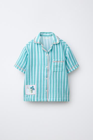 6-14 ANS/ PYJAMA CHEMISE À RAYURES ET FLEURS - Bleu / Blanc de Zara - Image 1