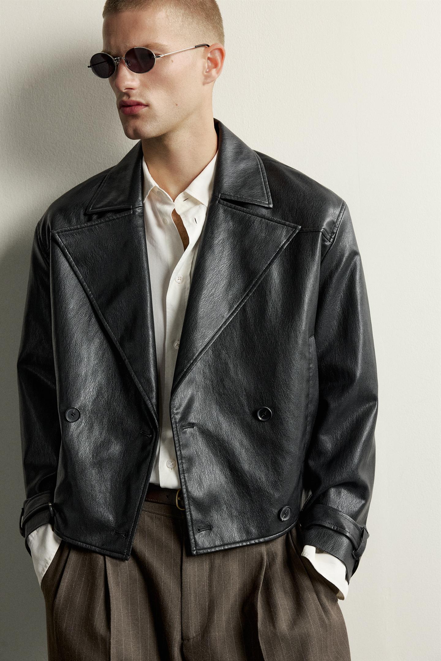 Мужская куртка Zara Cropped Faux Leather, цвет: Чёрный — фото 5