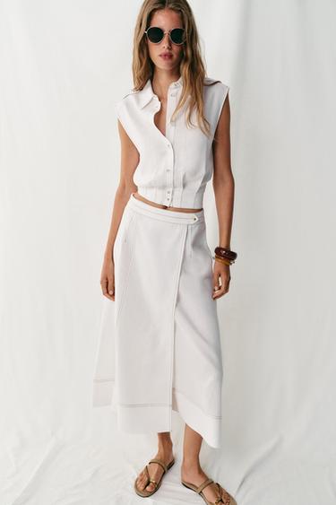 LINEN BLEND TOP WITH TOPSTITCHING - White by Zara
