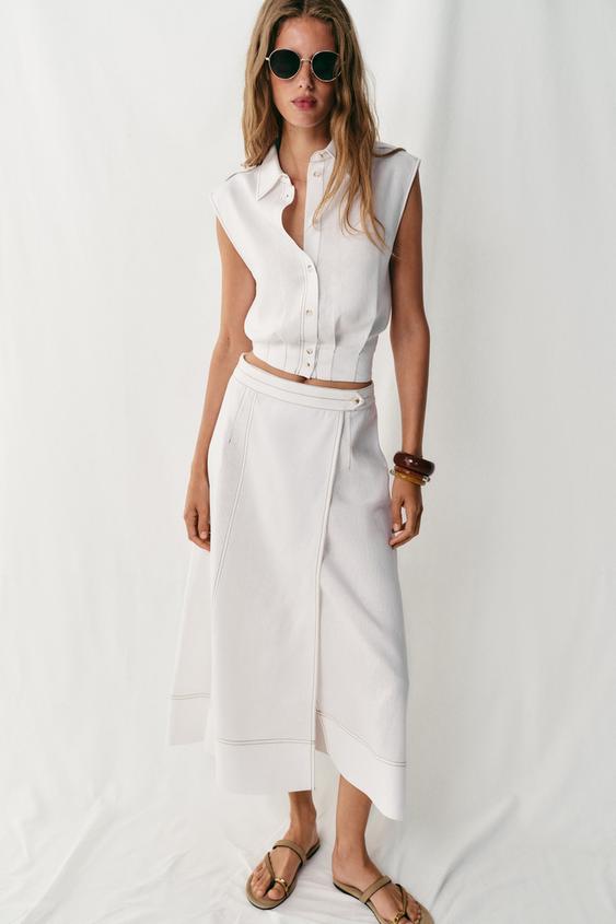 Zara LINEN BLEND TOP AND MIDI SKIRT SET - White - Image 0