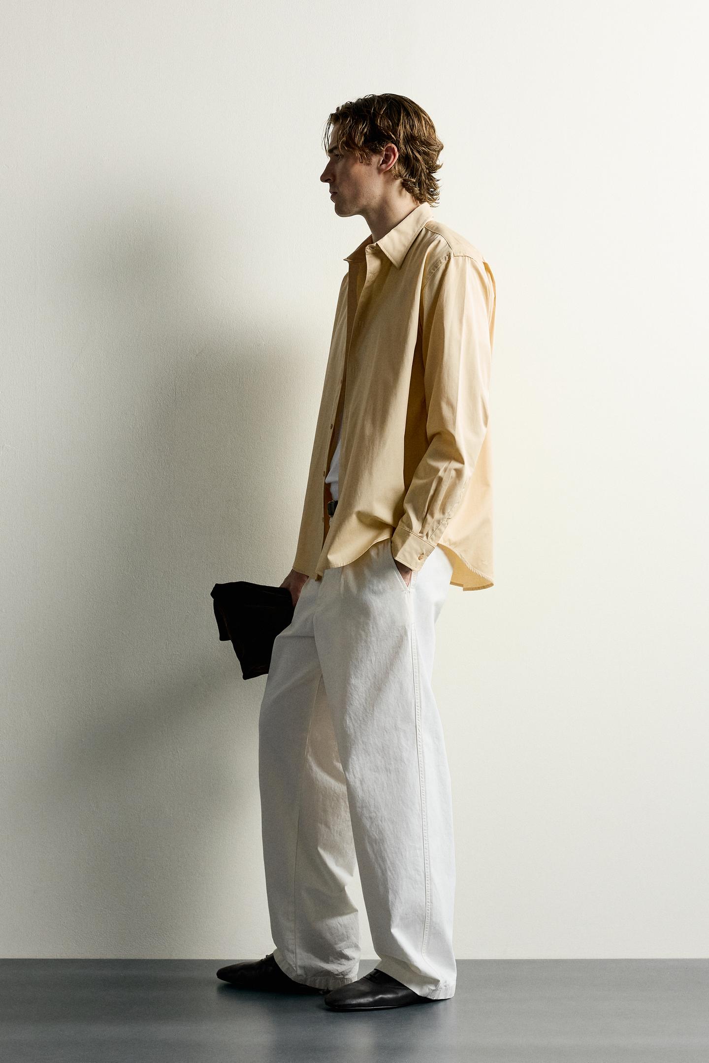 Мужская рубашка Zara Relaxed-Fit Lyocell-Cotton, цвет: Ванильный — фото 4