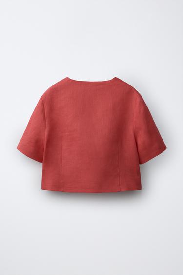 100% LINEN JEWEL BUTTON BLAZER - Coral red by Zara - Image 1