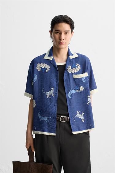 Zara 動物印花襯衫 - 藍色 / 白色
