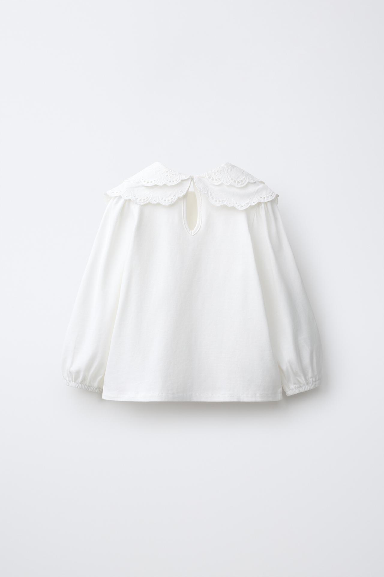 EMBROIDERED CONTRAST COLLAR TOP — Oyster-white